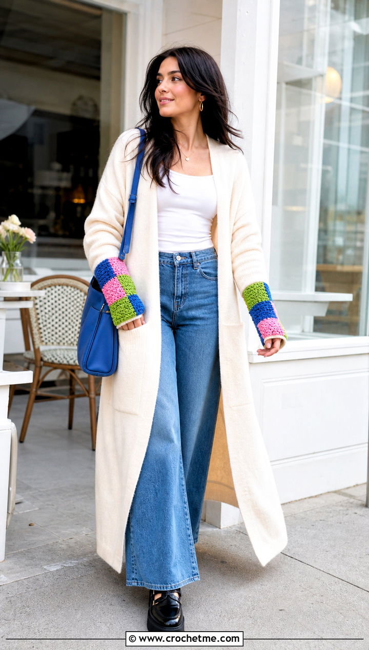 Patchwork Crochet Wrist Warmers With Maxi Cardigan - 35 crochet wrist warmers outfit ideas