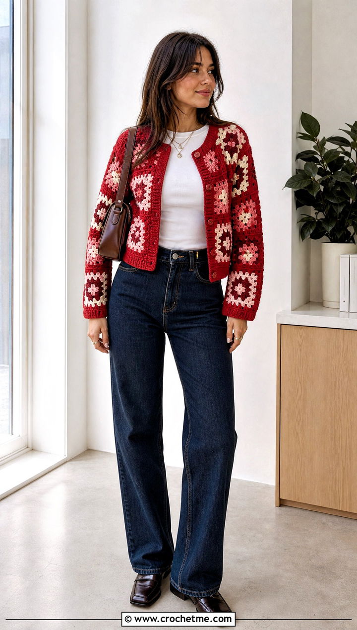 Patchwork Crochet Y K Cardigan With Straight Leg Jeans - 20 Crochet Y2K Cardigan outfit ideas