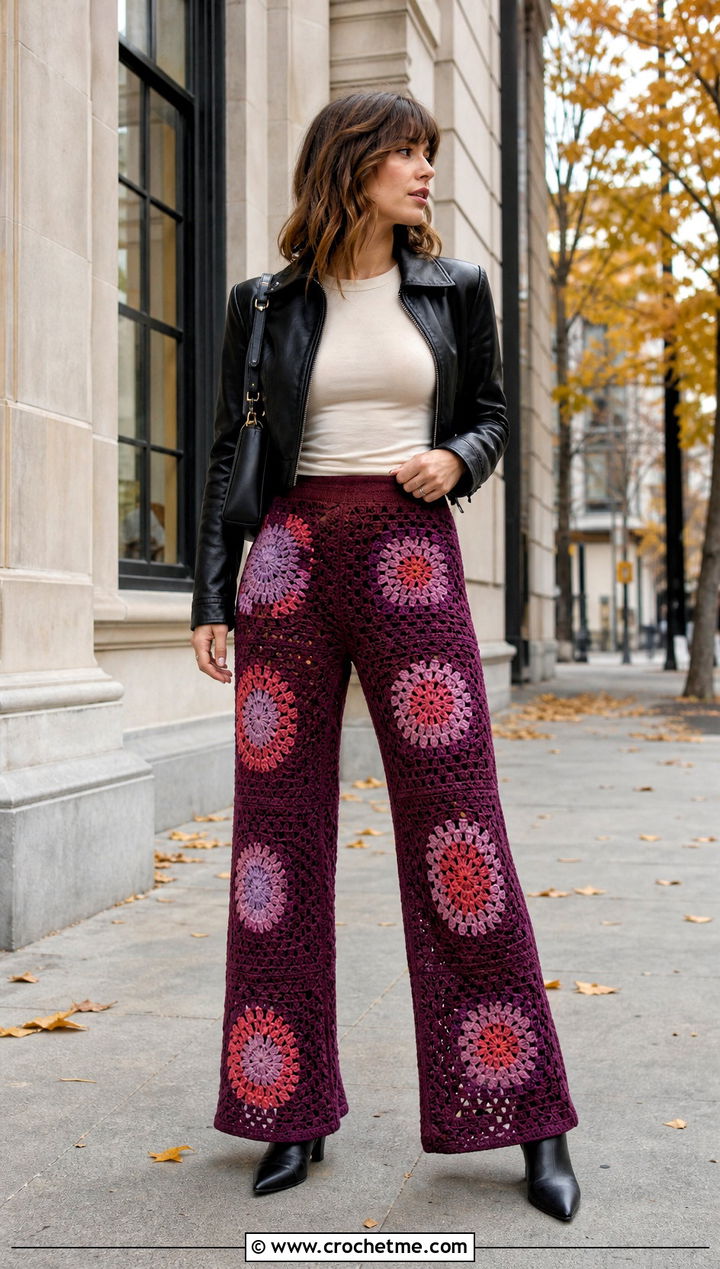 Patchwork Crochet Yoga Pants With Leather Jacket And Boots - 15 Crochet Yoga Pants outfit ideas