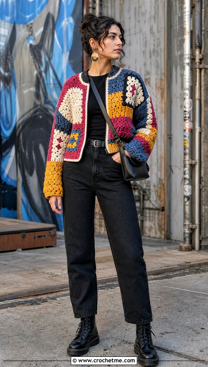 Patchwork Crochet Zip Jacket With Black Jeans - 25 crochet jacket with zipper outfit ideas
