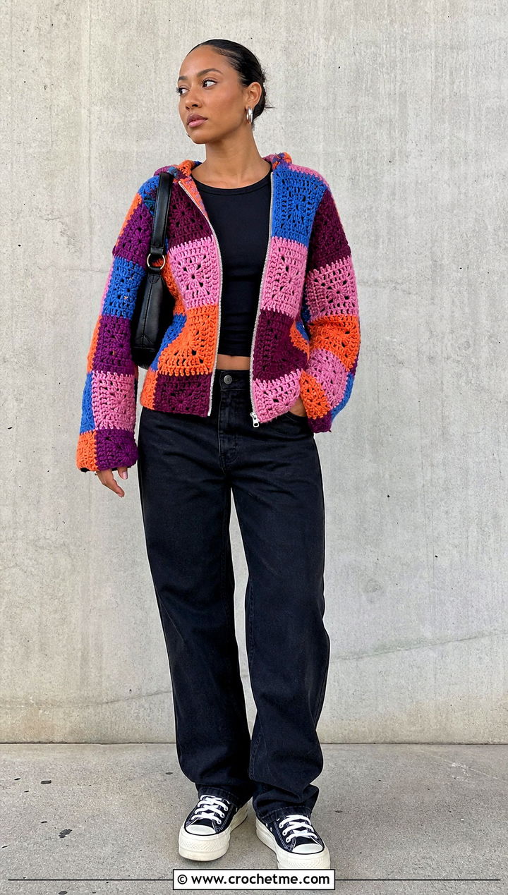 Patchwork Crochet Zip Up Hoodie With Black Jeans - 30 crochet zip up hoodie outfit ideas