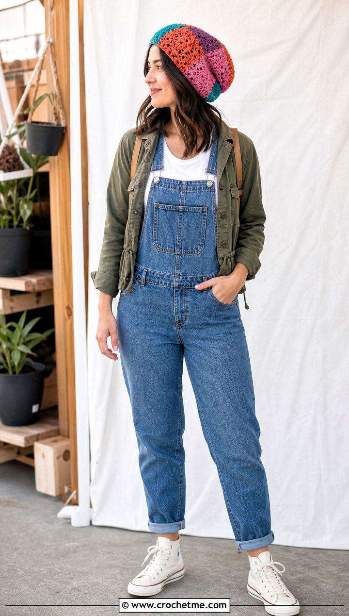 Patchwork Crocheted Beanie With Overalls And T Shirt - 35 crocheted beanie outfit ideas