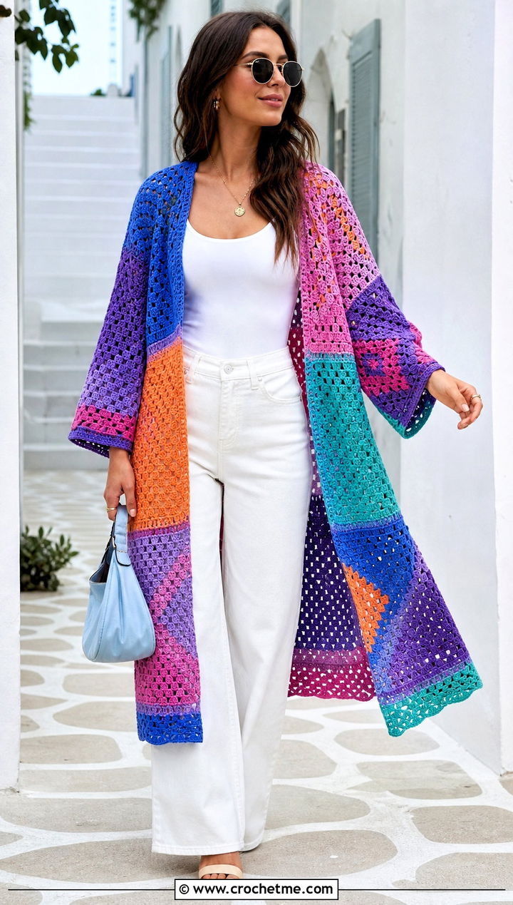Patchwork Crocheted Kimono With White Separates - 25 Crocheted Kimono outfit ideas