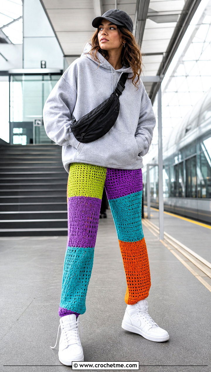 Patchwork Crocheted Leggings With Hoodie And High Top Sneakers - 20 Crocheted Leggings outfit ideas