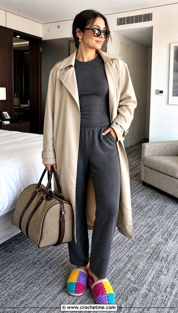 Patchwork Crocheted Slippers With a Trench Coat and Knit Pants - 35 crocheted slippers outfit ideas
