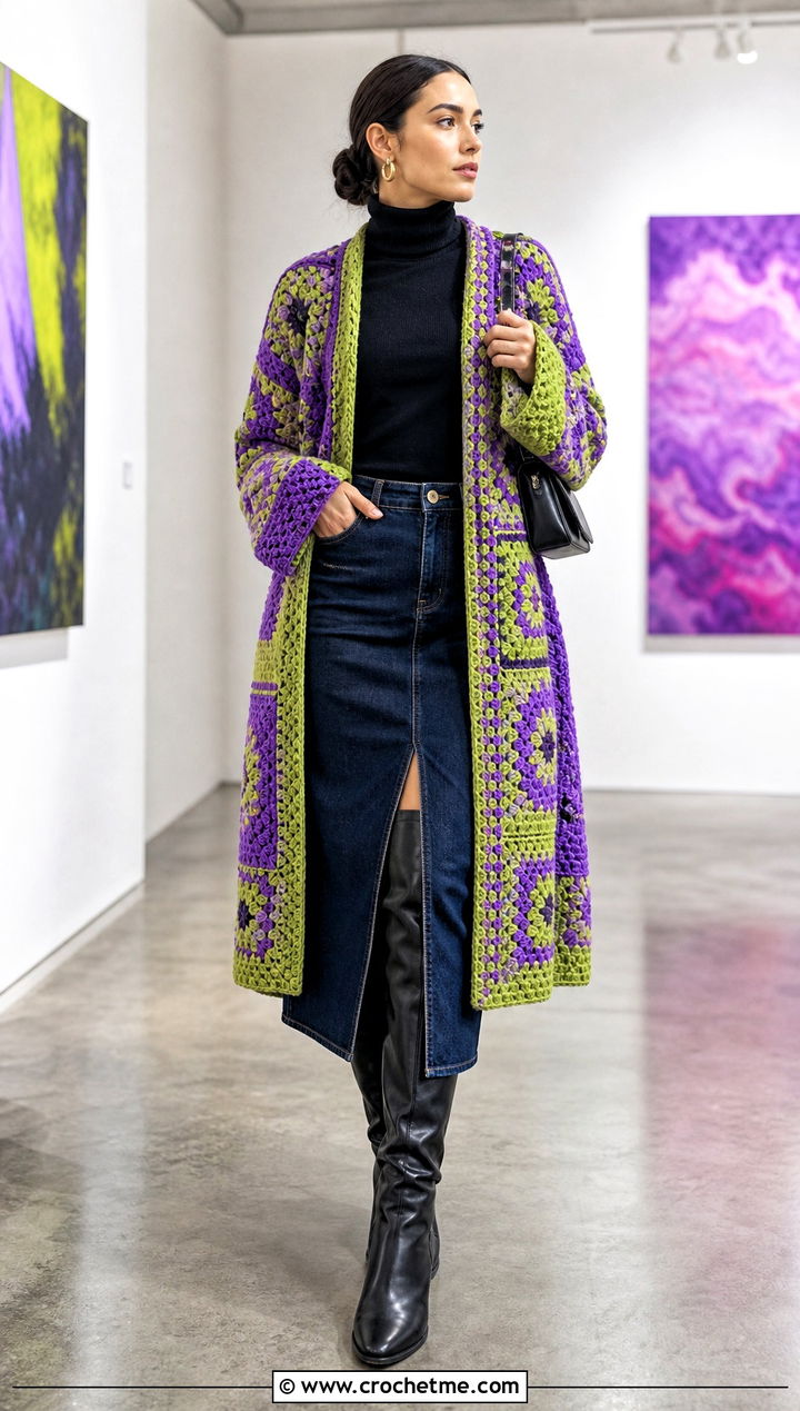 Patchwork Crocheted Sweater Coat With Denim Midi Skirt - 15 colorful crocheted sweater coat outfit ideas