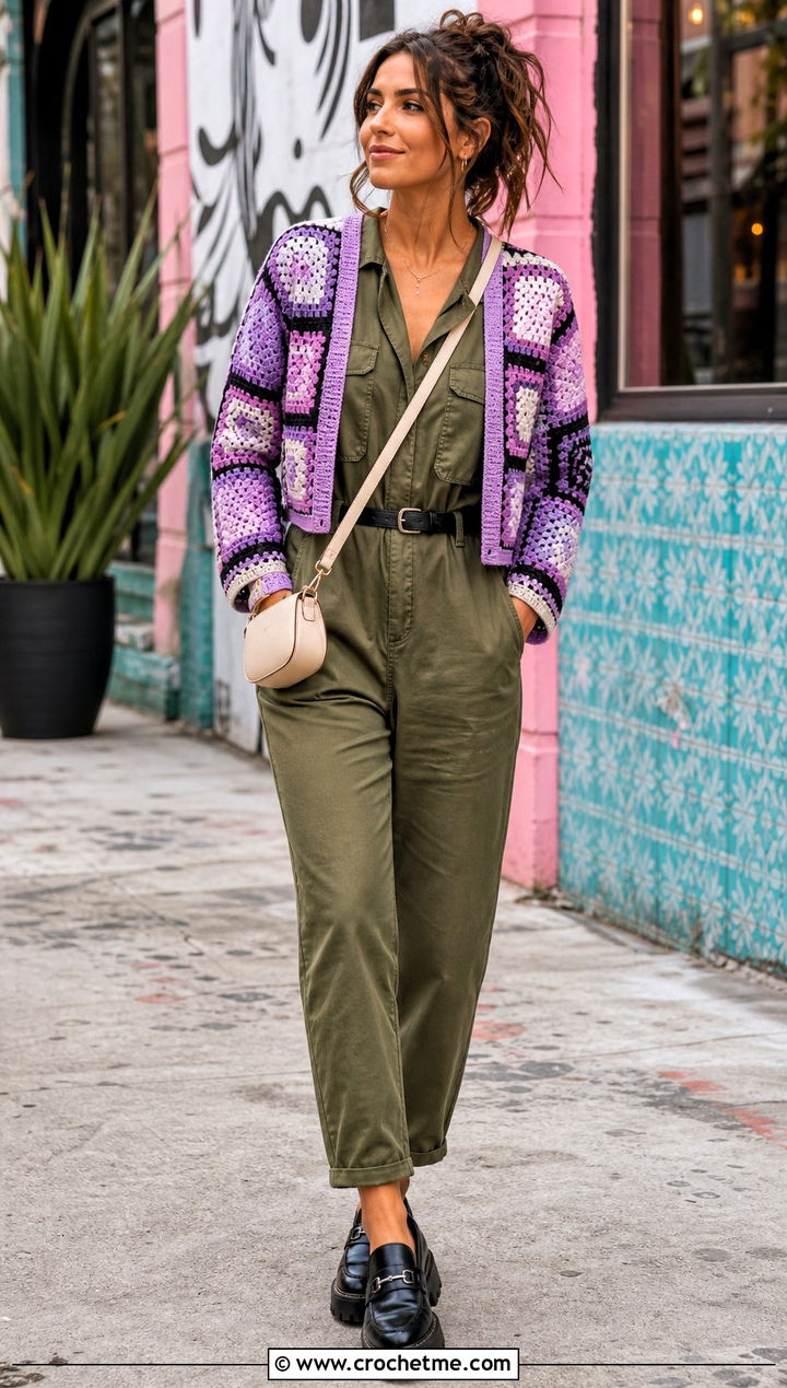 Patchwork Crop Crochet Cardigan With Utility Jumpsuit - 25 crop crochet cardigan outfit ideas
