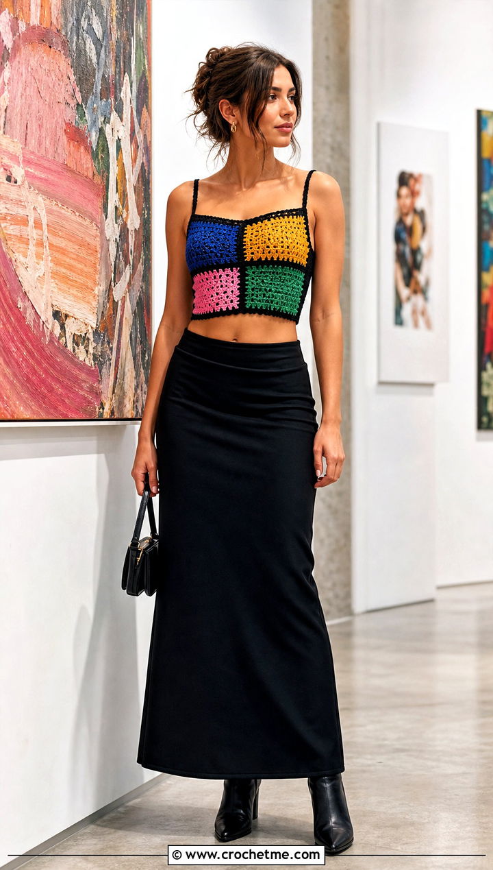 Patchwork Crop Crochet Top With Black Maxi Skirt - 35 crop crochet top outfit ideas