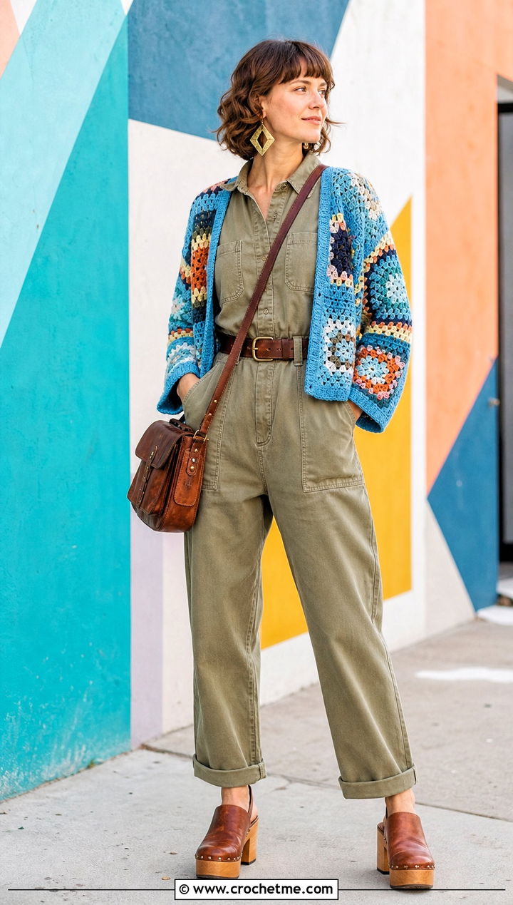 Patchwork Cropped Cardigan With Utility Jumpsuit - 25 crocheted cropped cardigan outfit ideas