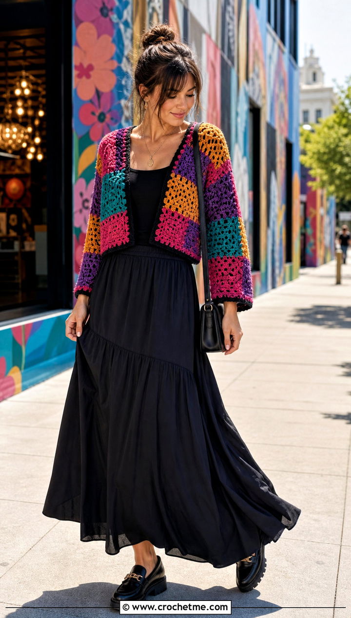 Patchwork Cropped Crochet Cardigan With Black Maxi Skirt - 35 cropped crochet cardigan outfit ideas