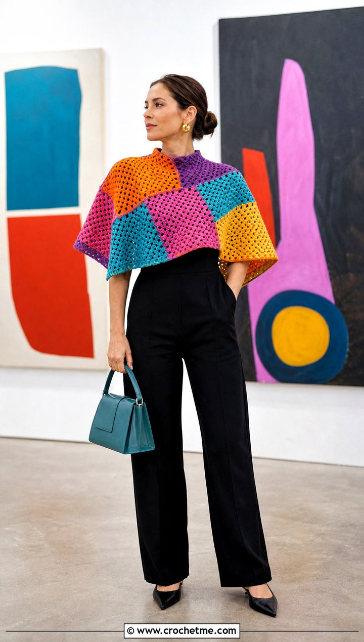Patchwork Cropped Crochet Poncho With a Monochrome Jumpsuit - 20 Cropped Crochet Poncho outfit ideas
