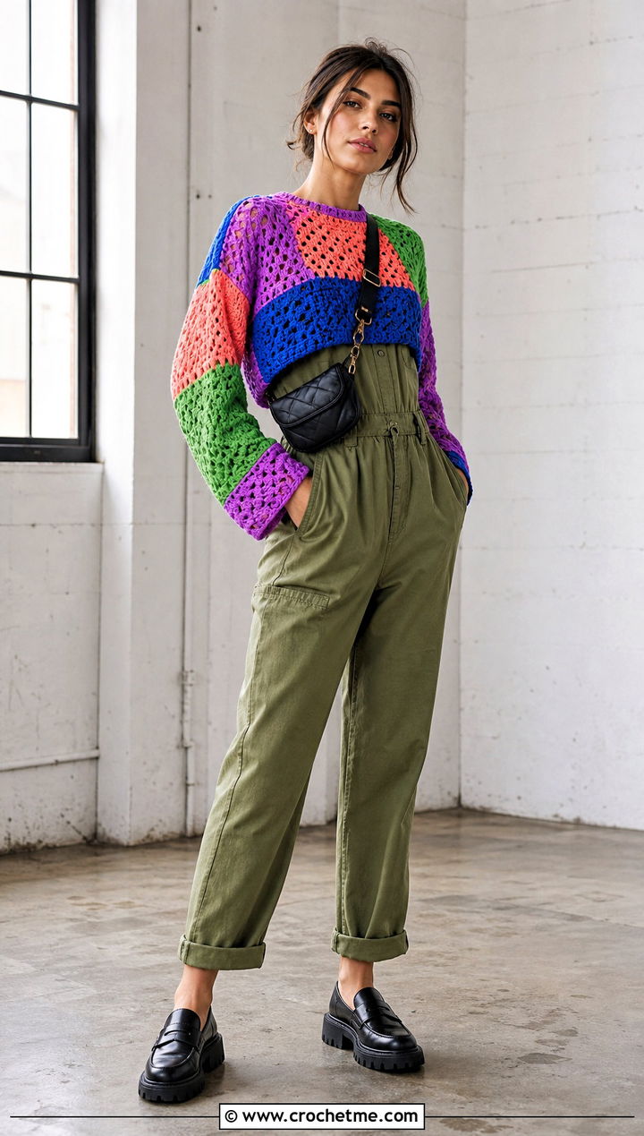 Patchwork Cropped Crochet Pullover Over A Utility Jumpsuit - 15 Cropped Crochet Pullover outfit ideas