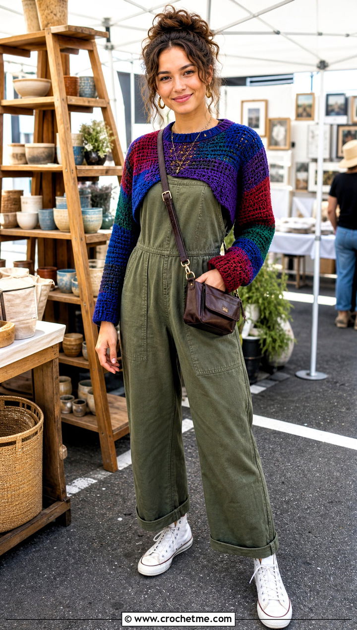 Patchwork Cropped Crochet Sweater Over A Utility Jumpsuit - 35 crop crochet sweater outfit ideas