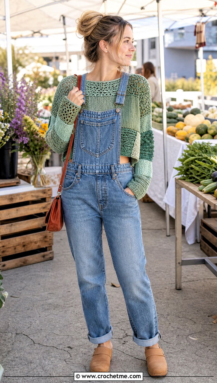 Patchwork Cropped Crochet Sweater With Denim Overalls - 35 cropped crochet sweater outfit ideas