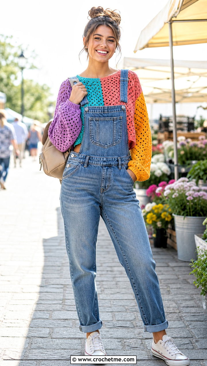 Patchwork Cropped Crochet Sweater With Overalls - 30 crocheted cropped sweater outfit ideas