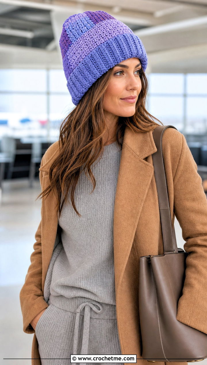 Patchwork Cuffed Crochet Beanie With Long Coat And Travel Set - 15 Cuffed Crochet Beanie outfit ideas