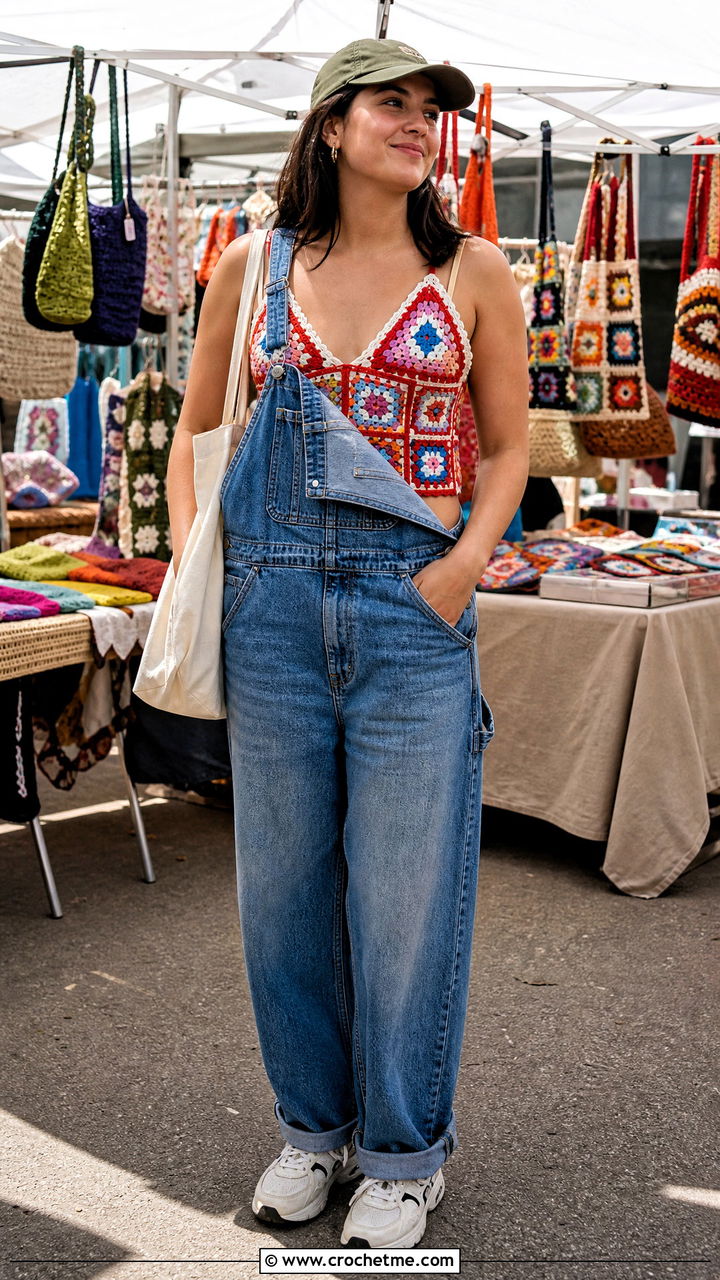 Patchwork Cup Crochet Top With Denim Overalls - 35 crochet cups top outfit ideas