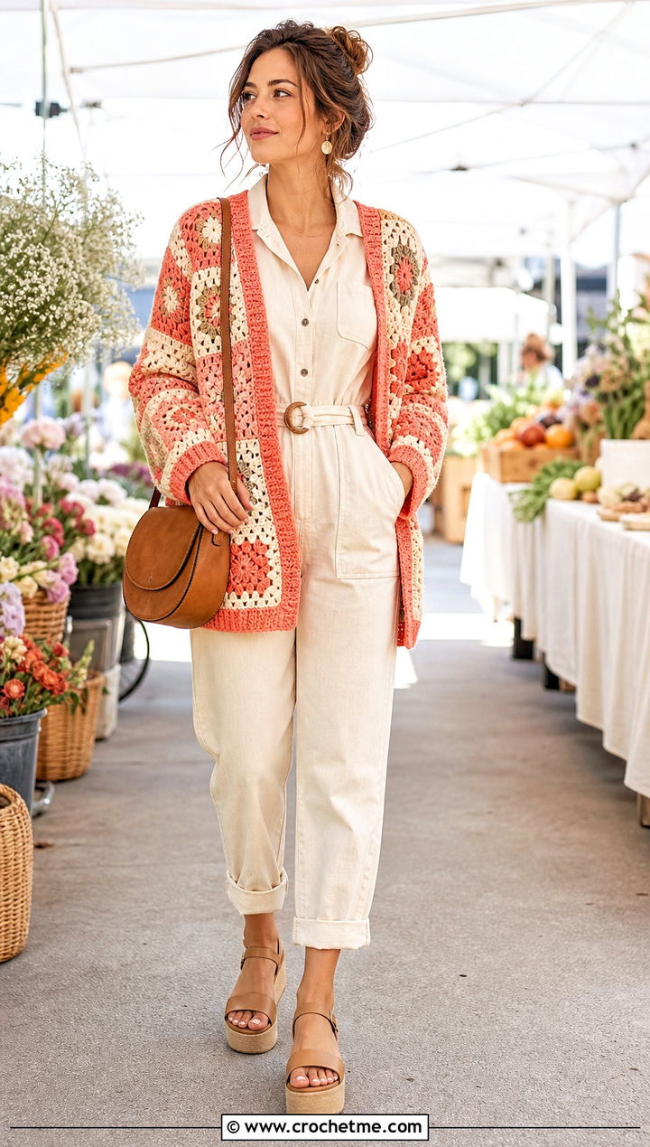 Patchwork DK Crochet Cardigan With Utility Jumpsuit - 20 Dk Crochet Cardigan outfit ideas