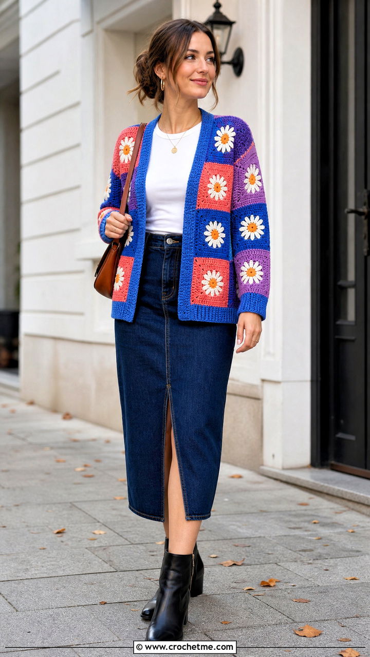 Patchwork Daisy Cardigan With Denim Midi Skirt - 35 Crochet Daisy Cardigan outfit ideas
