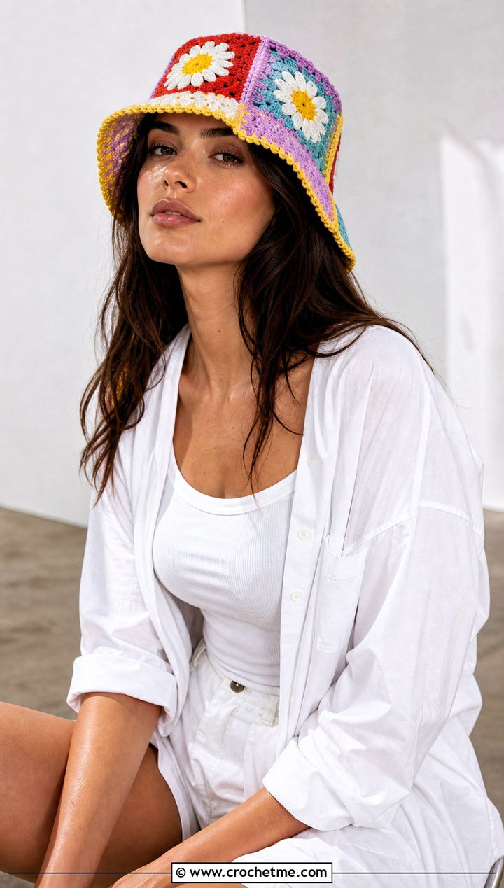 Patchwork Daisy Crochet Bucket Hat With White Shirt - 25 daisy crochet bucket hat outfit ideas