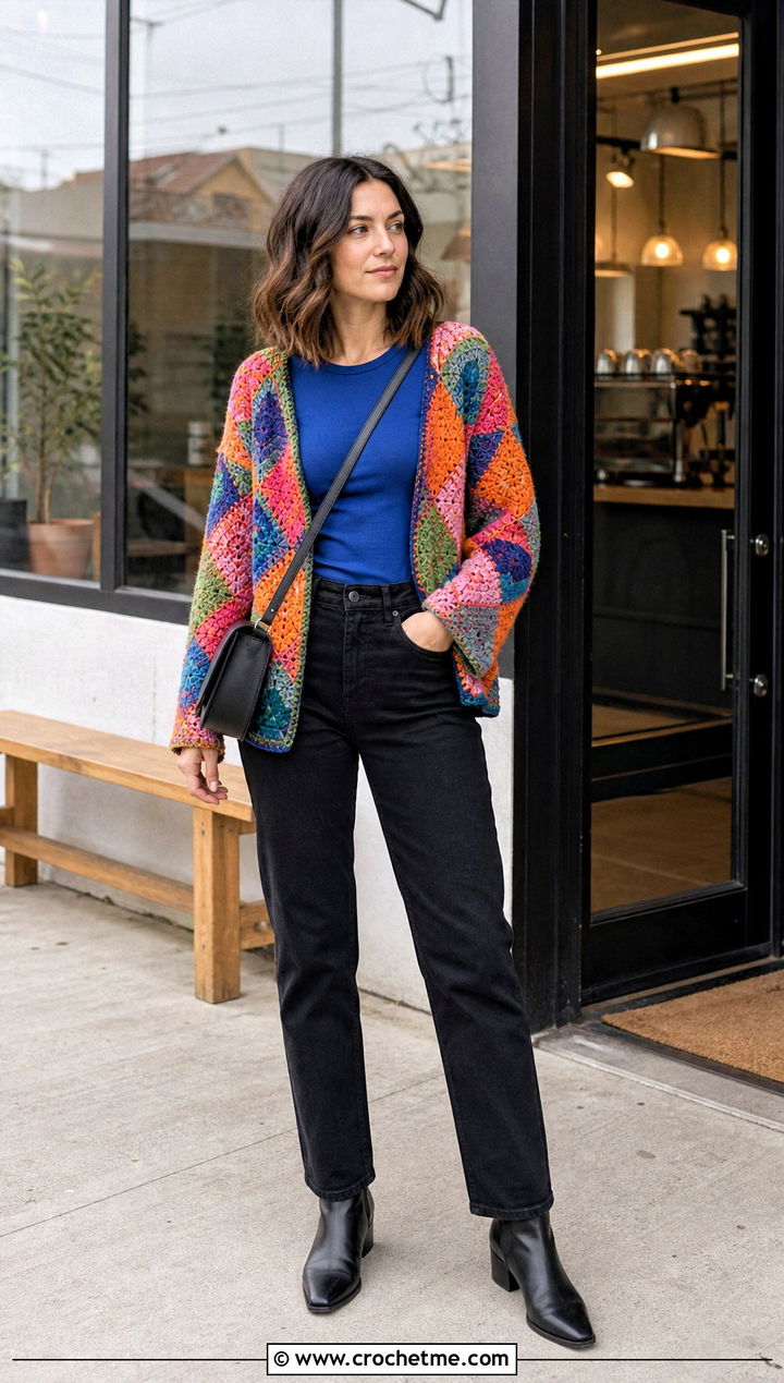 Patchwork Diamond Crochet Cardigan With Black Jeans - 30 diamond crochet cardigan outfit ideas