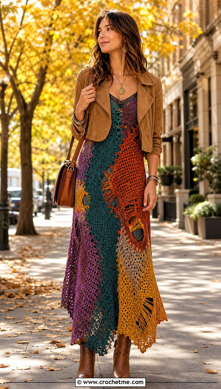 Patchwork Distressed Crochet Dress With Suede Jacket - 25 Distressed Crochet Dress outfit ideas