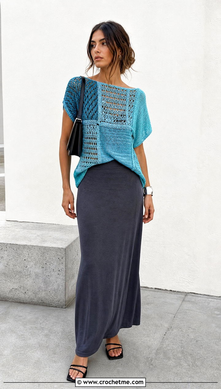 Patchwork Distressed Crochet Top With Column Skirt - 35 Distressed Crochet Top outfit ideas