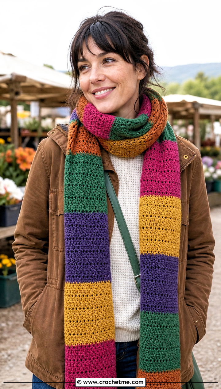 Patchwork Doctor Who Crochet Scarf With Barn Jacket And Barrel Jeans - 25 Doctor Who Crochet Scarf outfit ideas