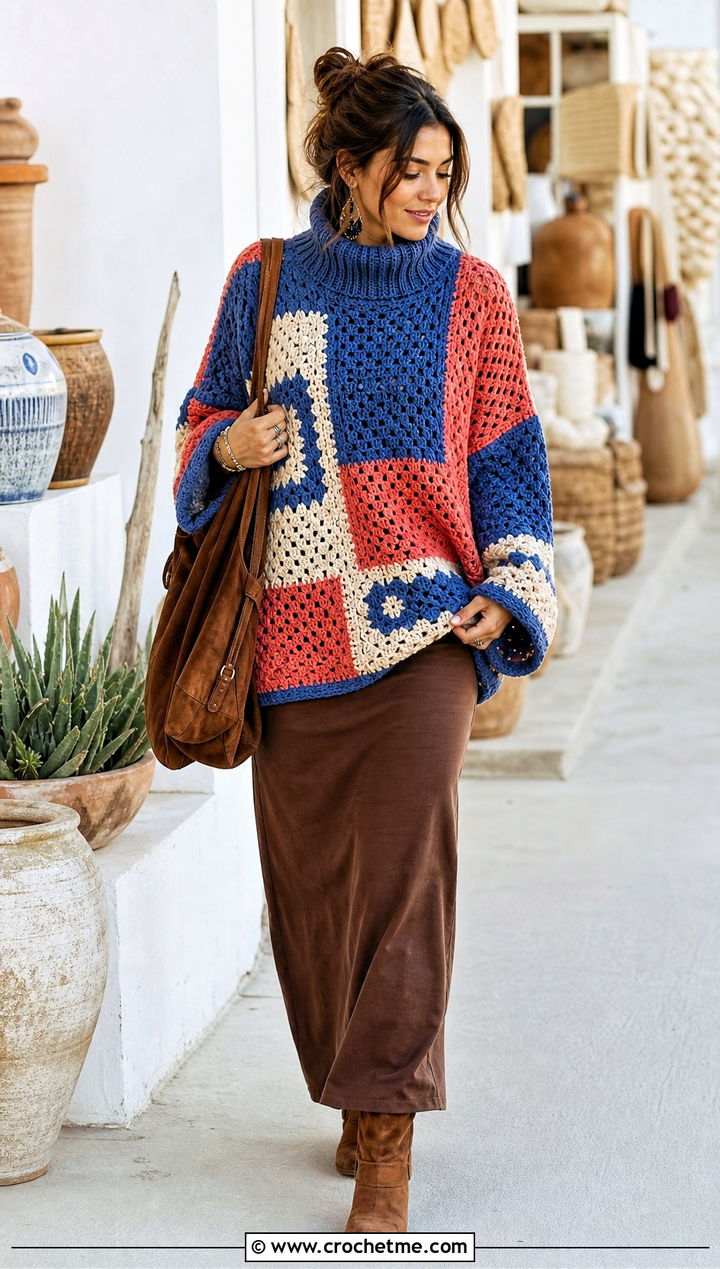 Patchwork Dolman Oversized Turtleneck Crochet Sweater With Maxi Skirt - 15 oversized turtleneck crochet sweater outfit ideas