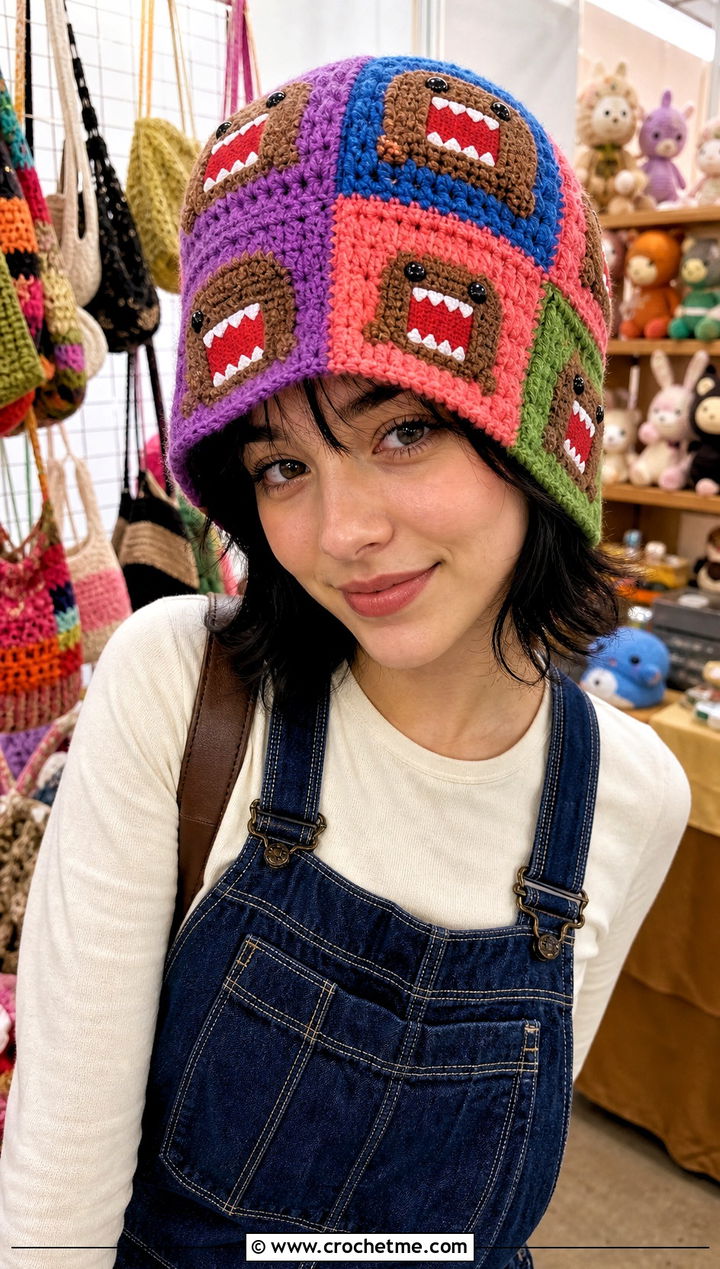 Patchwork Domo Kun Crochet Beanie With Overalls - 25 Domo Kun Crochet Hat outfit ideas