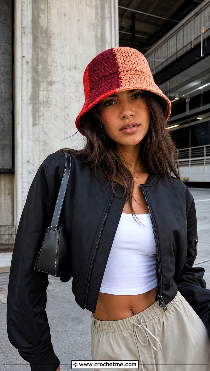 Patchwork Double Crochet Bucket Hat With Bomber Jacket And Parachute Pants - 25 Double Crochet Bucket Hat outfit ideas