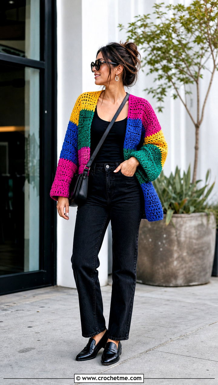 Patchwork Double Crochet Cardigan With Black Denim - 25 Double Crochet Cardigan outfit ideas