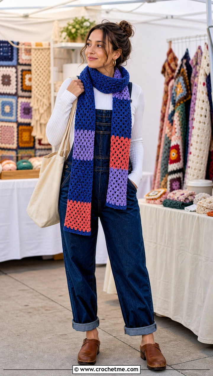 Patchwork Double Crochet Scarf With Overalls And Clogs - 35 double crochet scarf outfit ideas