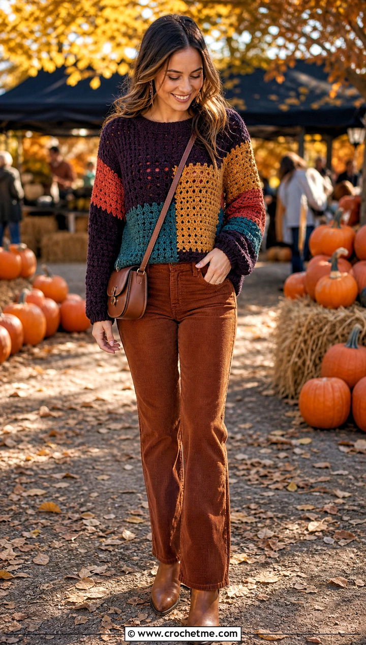 Patchwork Double Crochet Sweater With Corduroy Pants - 35 double crochet sweater outfit ideas