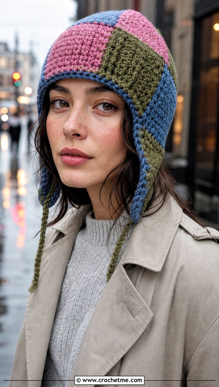 Patchwork Ear Flap Beanie With Trench Coat - 30 crochet ear flap beanie outfit ideas