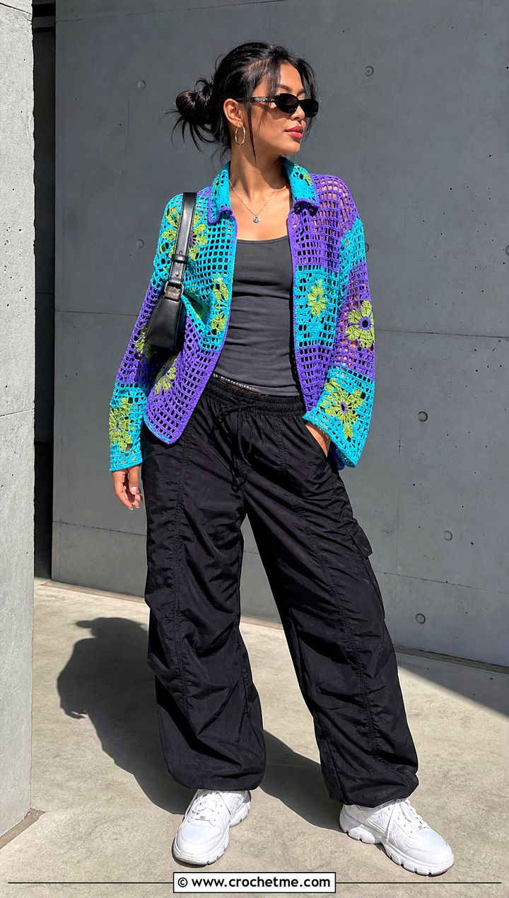 Patchwork Filet Crochet Shirt With Parachute Pants - 30 filet crochet shirt outfit ideas
