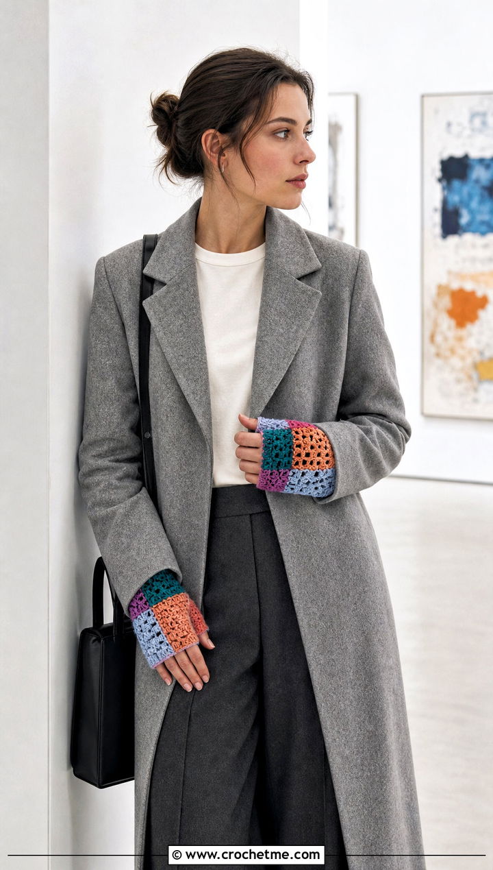 Patchwork Fingerless Crochet Gloves With Minimalist Outfit - 30 fingerless crochet gloves outfit ideas