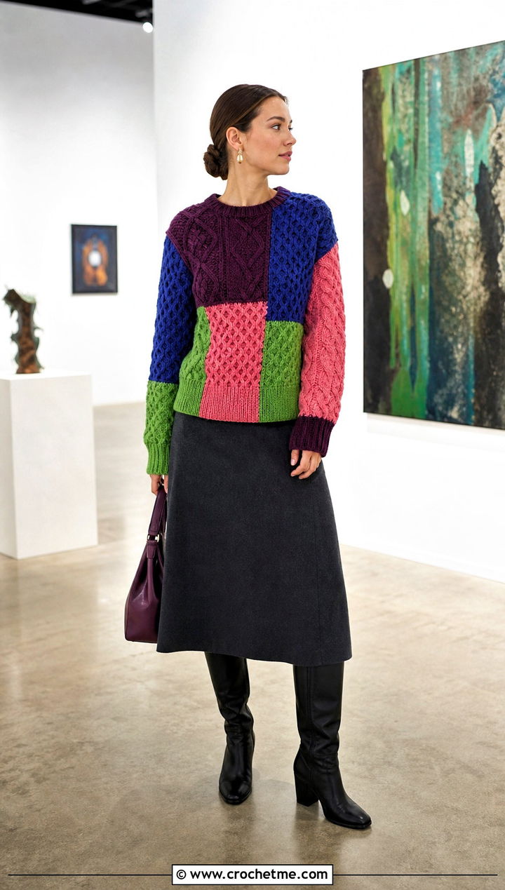 Patchwork Fisherman Crochet Sweater With A Line Skirt - 25 Fisherman Crochet Sweater outfit ideas