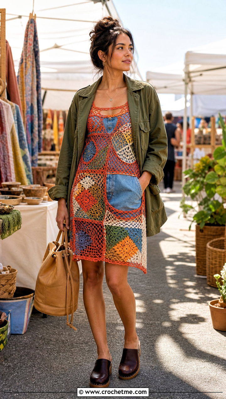 Patchwork Fishnet Crochet Dress With Utility Jacket And Clogs - 25 Fishnet Crochet Dress outfit ideas