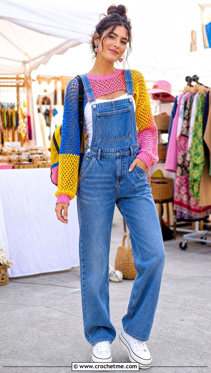 Patchwork Fishnet Sweater With Denim Overalls - 20 Crochet Fishnet Sweater outfit ideas