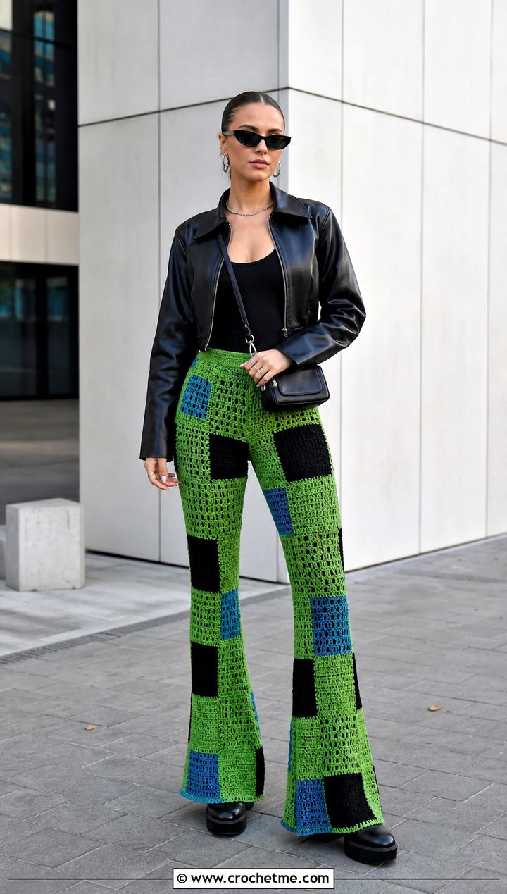 Patchwork Flare Crochet Pants With Leather Jacket - 25 flare crochet pants outfit ideas