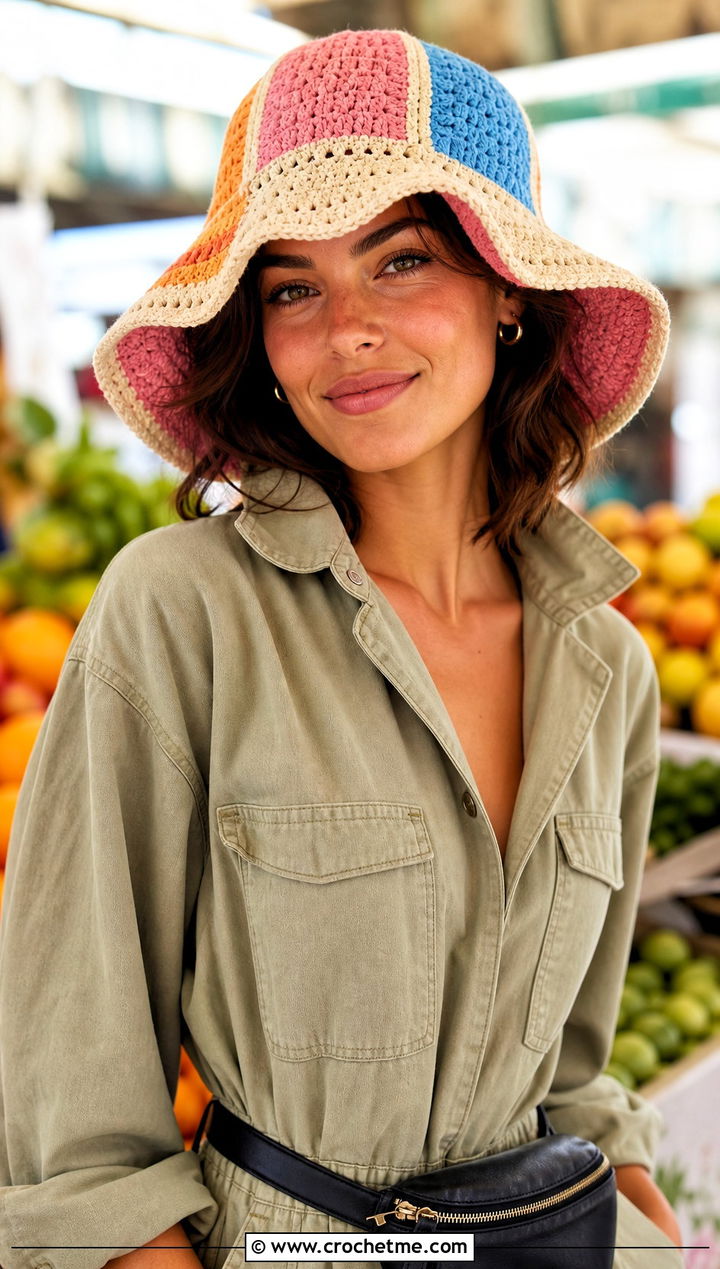 Patchwork Floppy Crochet Hat With Utility Jumpsuit - 25 floppy crochet hat outfit ideas