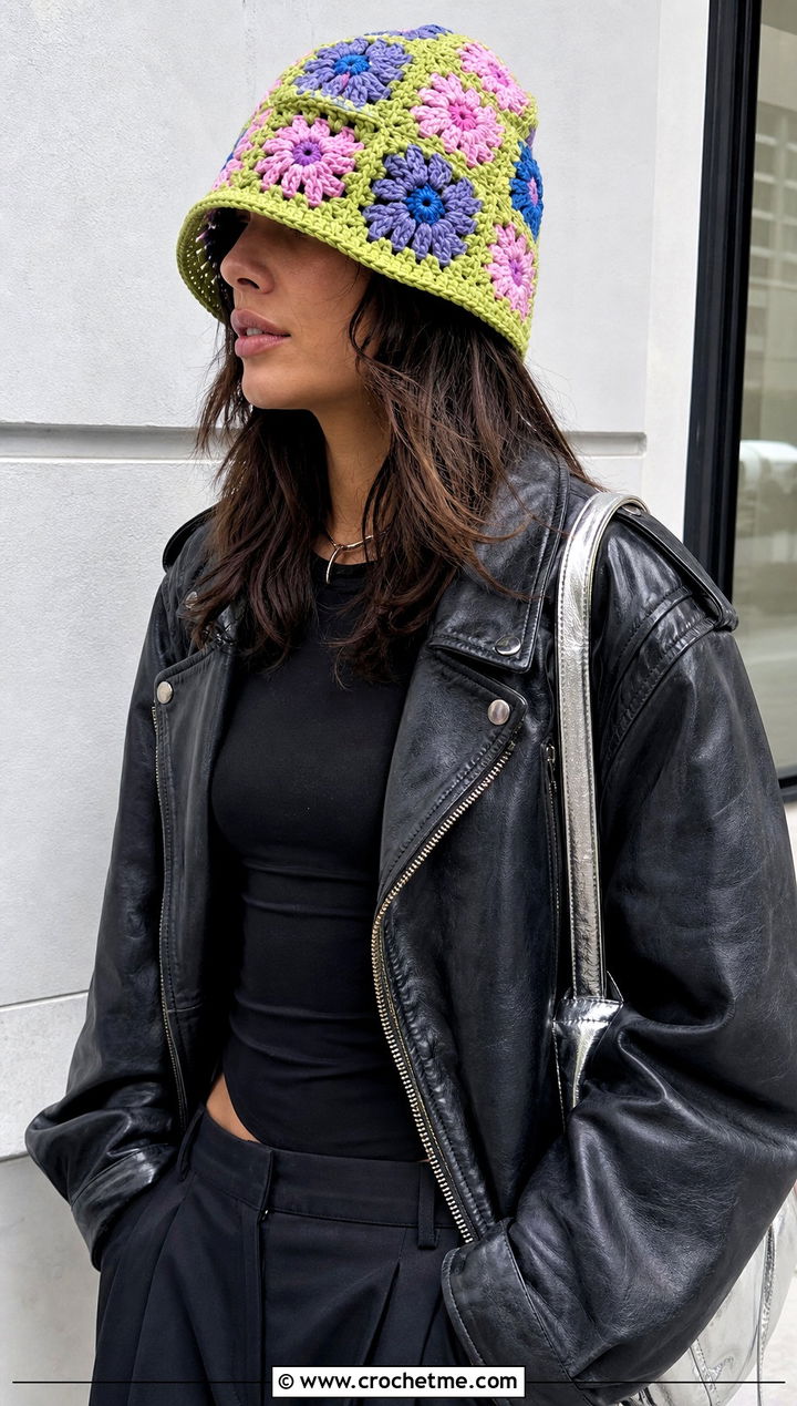 Patchwork Floral Crochet Bucket Hat With Leather Jacket - 15 crochet bucket hat with floral outfit ideas