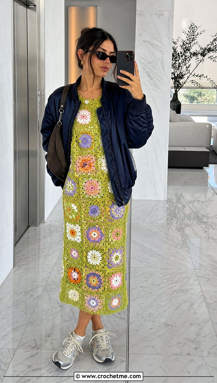 Patchwork Floral Crochet Dress With Bomber Jacket - 15 vintage floral crochet dress outfit ideas