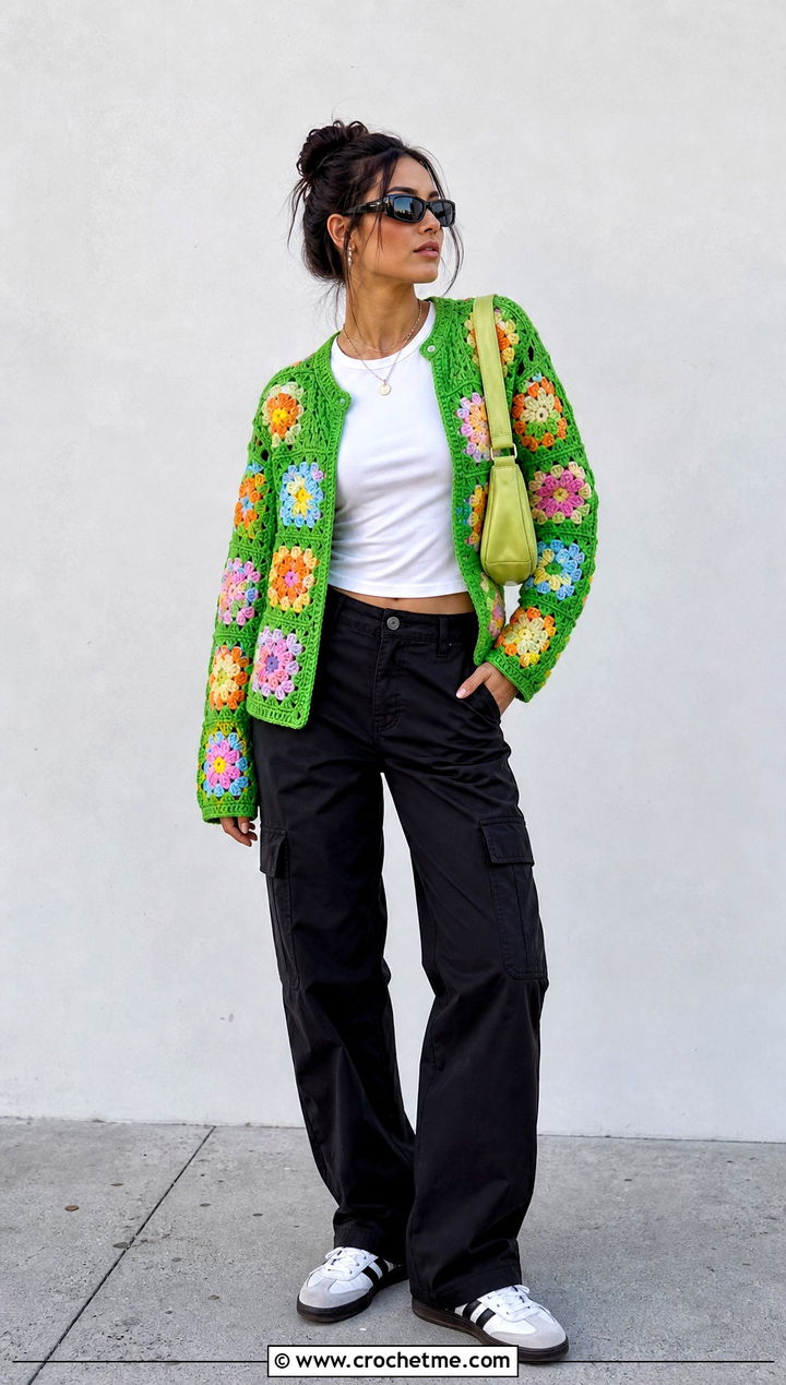 Patchwork Floral Crochet Sweater With Cargo Pants - 15 floral crochet sweater style outfit ideas