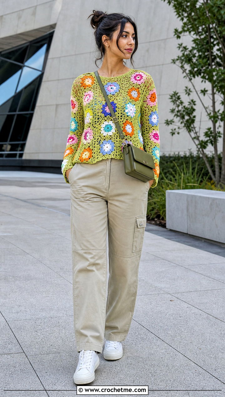 Patchwork Flower Crochet Long Sleeve Top With Utility Pants - 25 Crochet Flower Top Long Sleeve outfit ideas