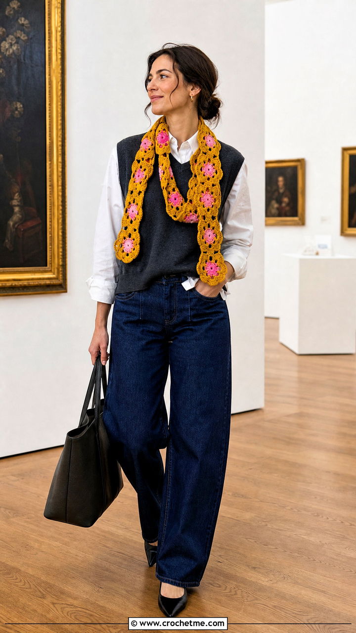 Patchwork Flower Crochet Scarf With Sweater Vest And Barrel Jeans - 35 crochet flower scarf outfit ideas