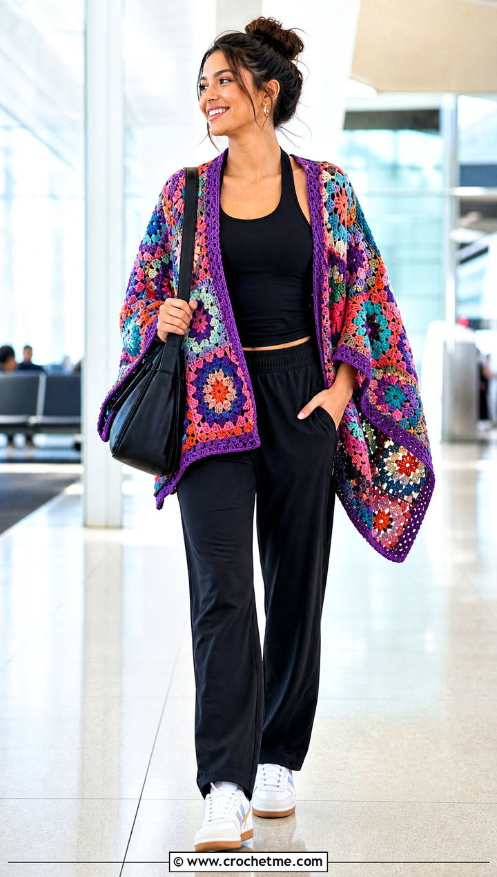 Patchwork Flower Granny Poncho With Track Pants - 25 Crochet Flower Poncho outfit ideas