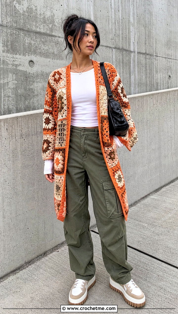 Patchwork Folklore Crochet Cardigan With Cargo Pants - 25 Taylor Swift Folklore Crochet Cardigan outfit ideas
