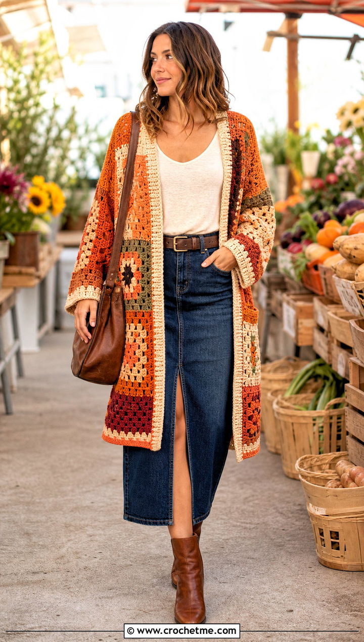Patchwork Folklore Crochet Cardigan With Denim Midi Skirt - 30 folklore crochet cardigan outfit ideas